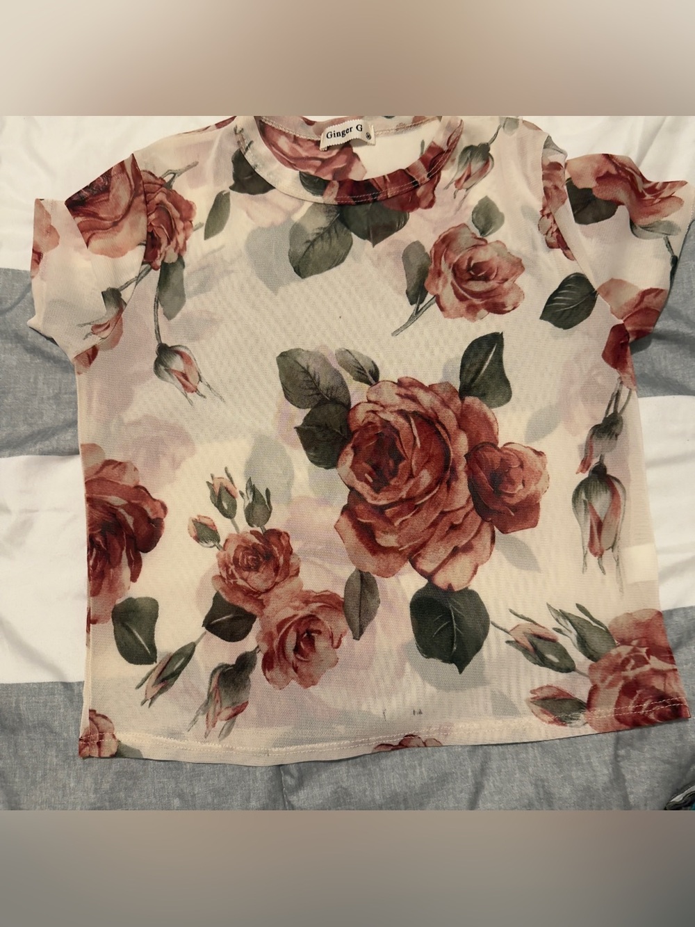 Ginger G Short Sleeve Sheer Rose Tee - Pink, Green